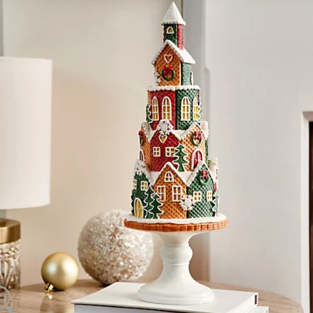 16" Gingerbread Village Tower on Stand by Valerie